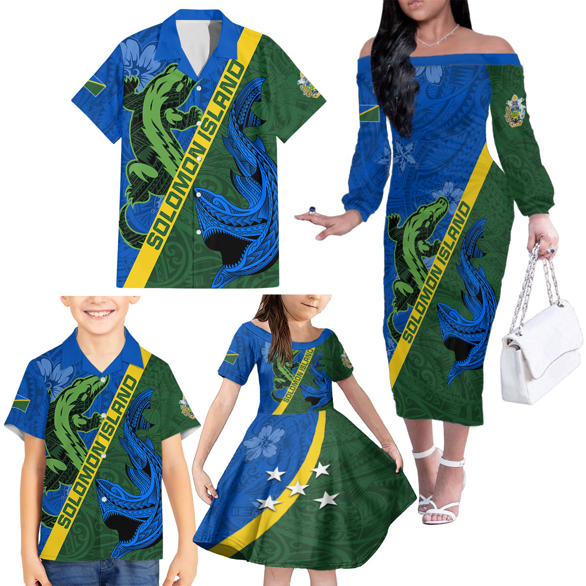 Solomon Island Crocodile and Shark Family Matching Off The Shoulder Long Sleeve Dress and Hawaiian Shirt Polynesian Pattern LT03 - Polynesian Pride