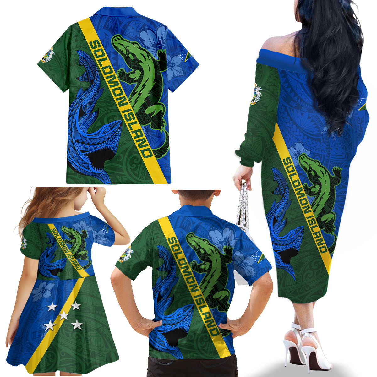 Solomon Island Crocodile and Shark Family Matching Off The Shoulder Long Sleeve Dress and Hawaiian Shirt Polynesian Pattern LT03 - Polynesian Pride