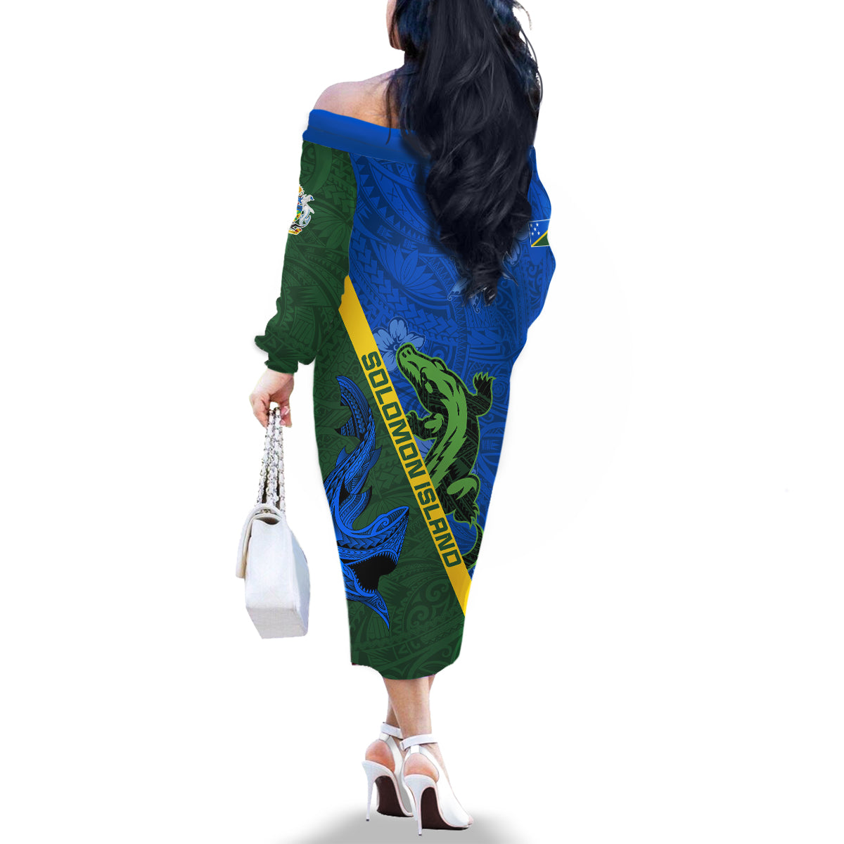 Solomon Island Crocodile and Shark Family Matching Off The Shoulder Long Sleeve Dress and Hawaiian Shirt Polynesian Pattern LT03 - Polynesian Pride