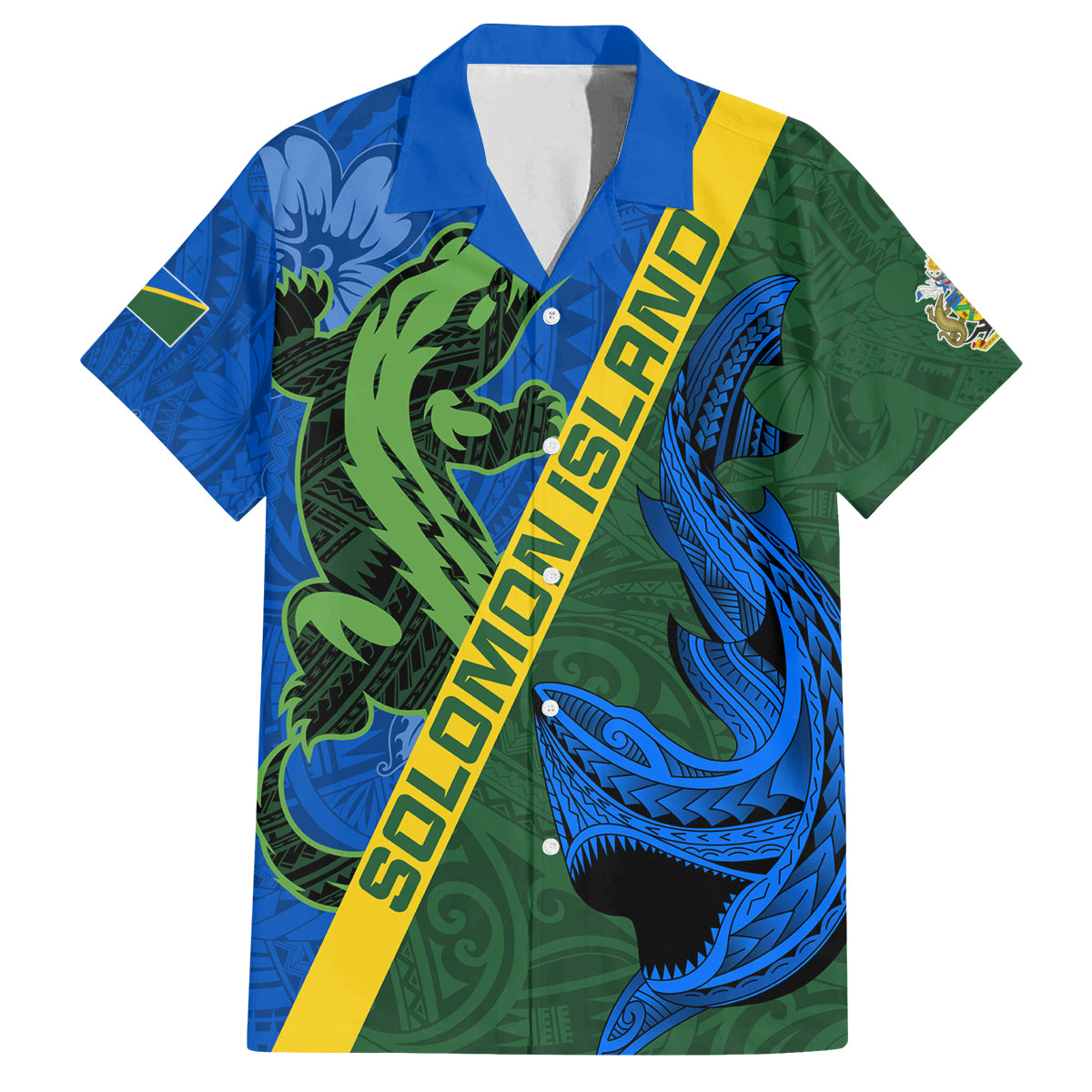 Solomon Island Crocodile and Shark Family Matching Off Shoulder Maxi Dress and Hawaiian Shirt Polynesian Pattern LT03 Dad's Shirt - Short Sleeve Blue - Polynesian Pride