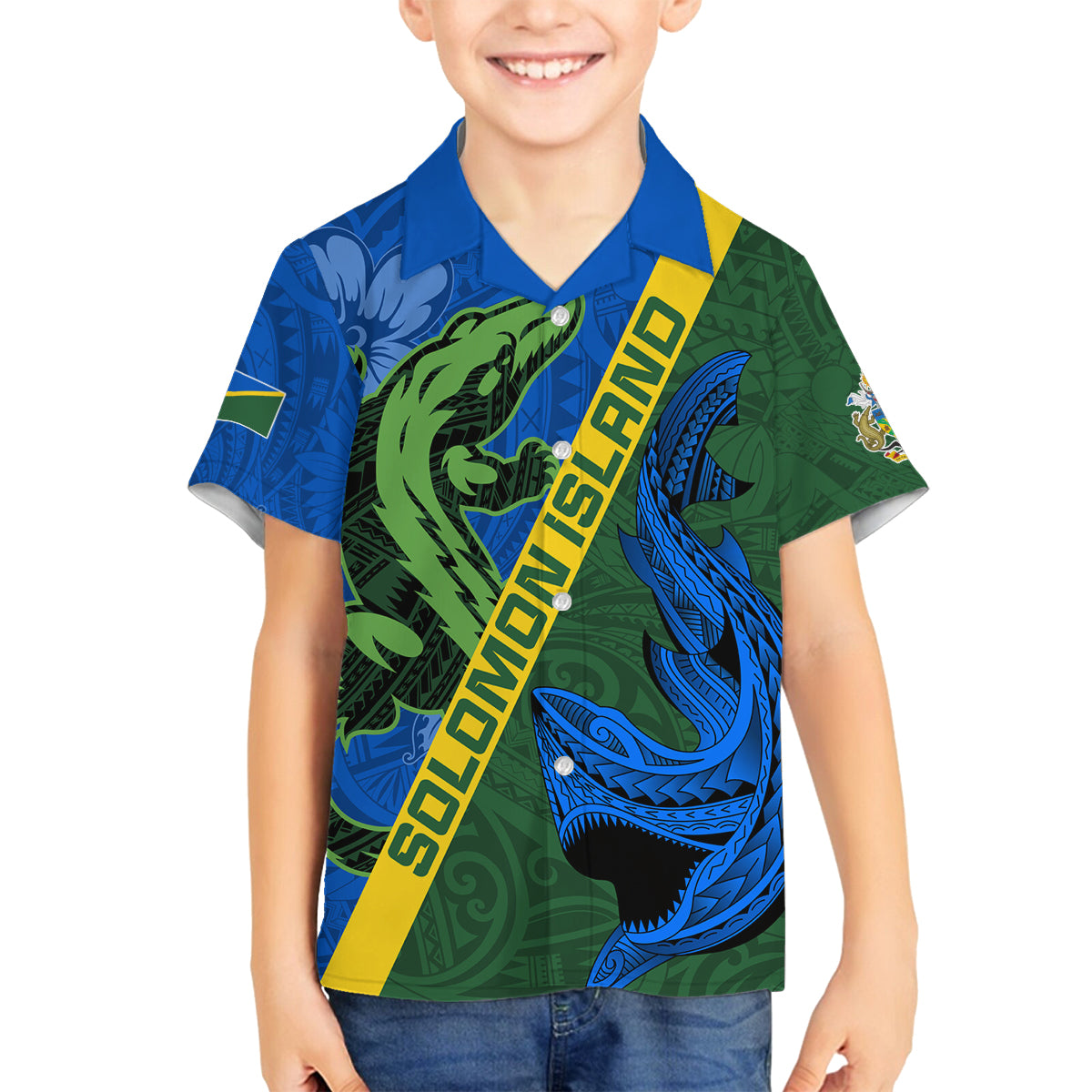 Solomon Island Crocodile and Shark Family Matching Off Shoulder Maxi Dress and Hawaiian Shirt Polynesian Pattern LT03 Son's Shirt Blue - Polynesian Pride