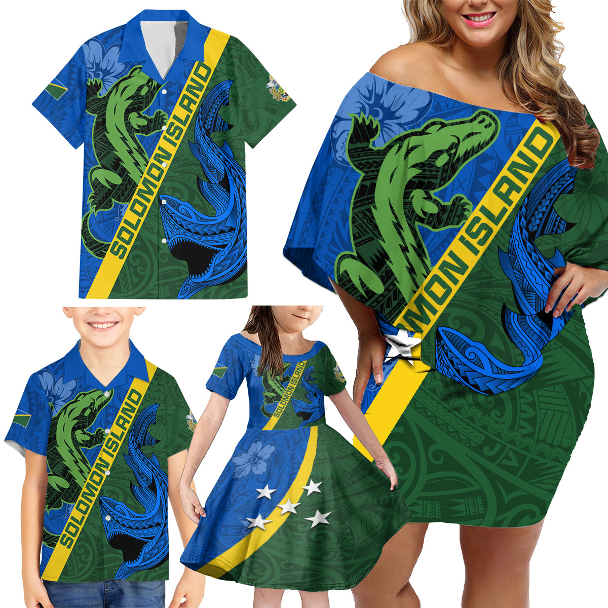 Solomon Island Crocodile and Shark Family Matching Off Shoulder Short Dress and Hawaiian Shirt Polynesian Pattern LT03 - Polynesian Pride