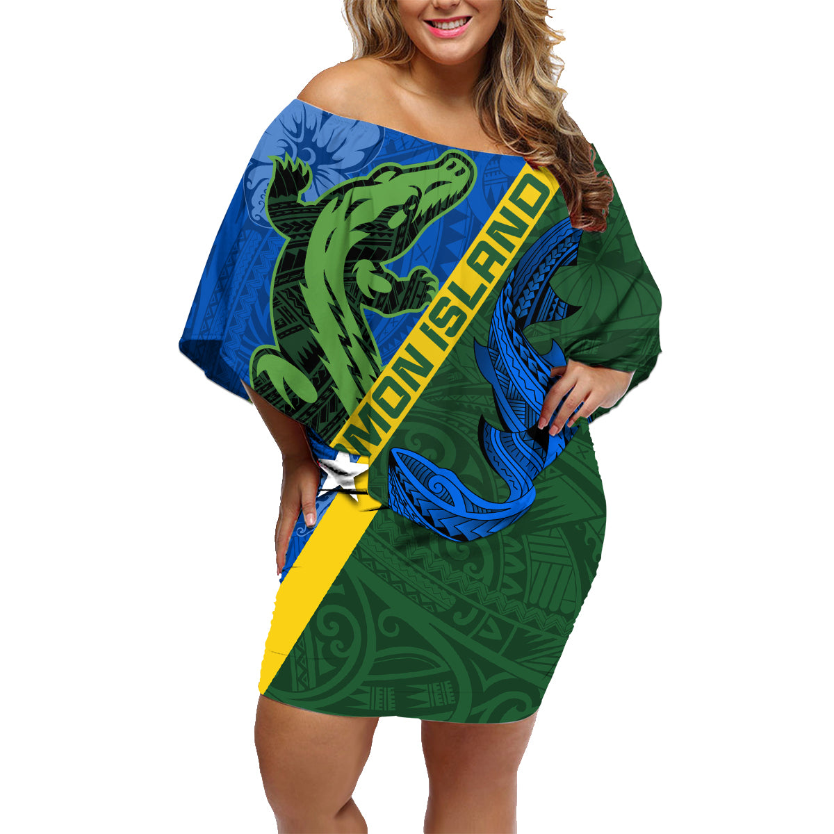 Solomon Island Crocodile and Shark Family Matching Off Shoulder Short Dress and Hawaiian Shirt Polynesian Pattern LT03 Mom's Dress Blue - Polynesian Pride
