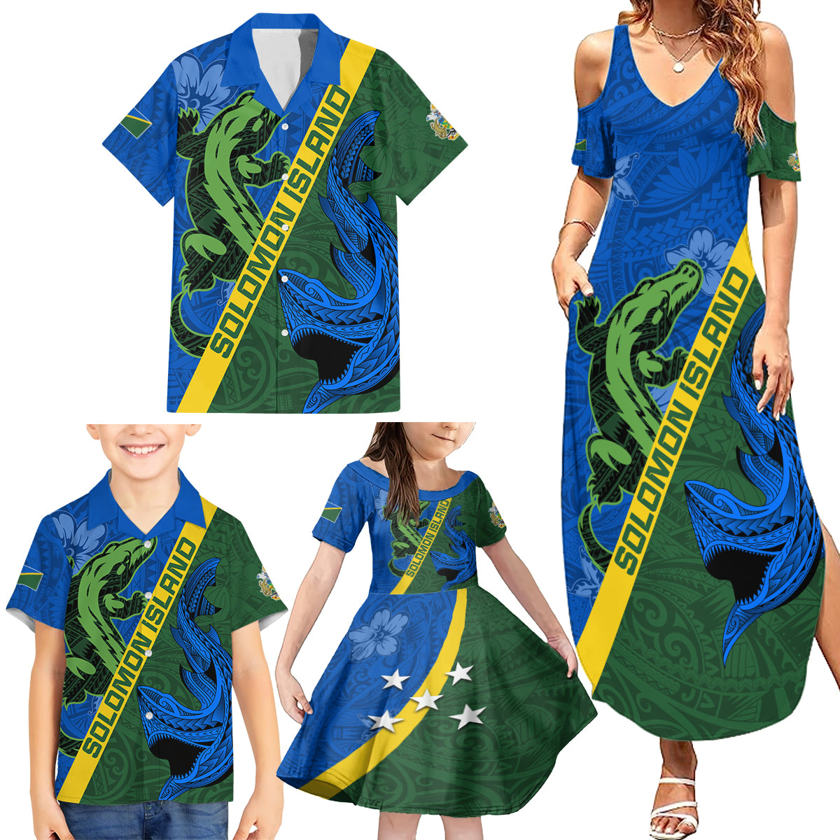 Solomon Island Crocodile and Shark Family Matching Summer Maxi Dress and Hawaiian Shirt Polynesian Pattern LT03 - Polynesian Pride