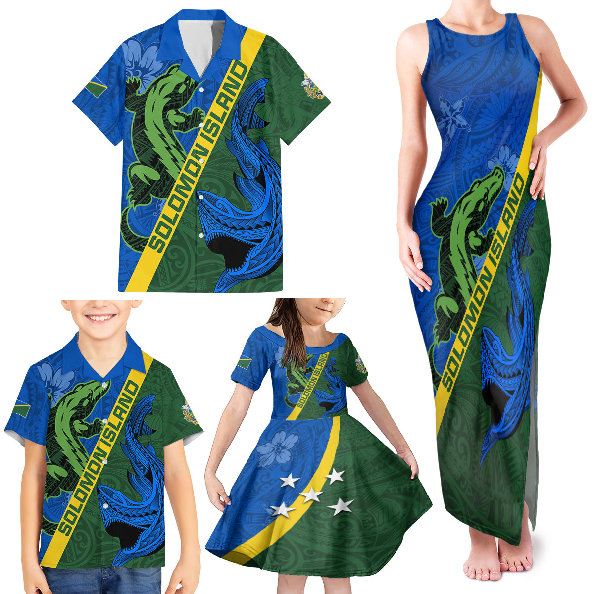 Solomon Island Crocodile and Shark Family Matching Tank Maxi Dress and Hawaiian Shirt Polynesian Pattern LT03 - Polynesian Pride