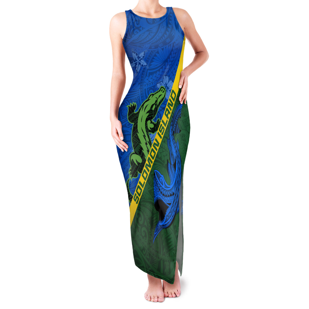 Solomon Island Crocodile and Shark Family Matching Tank Maxi Dress and Hawaiian Shirt Polynesian Pattern LT03 Mom's Dress Blue - Polynesian Pride
