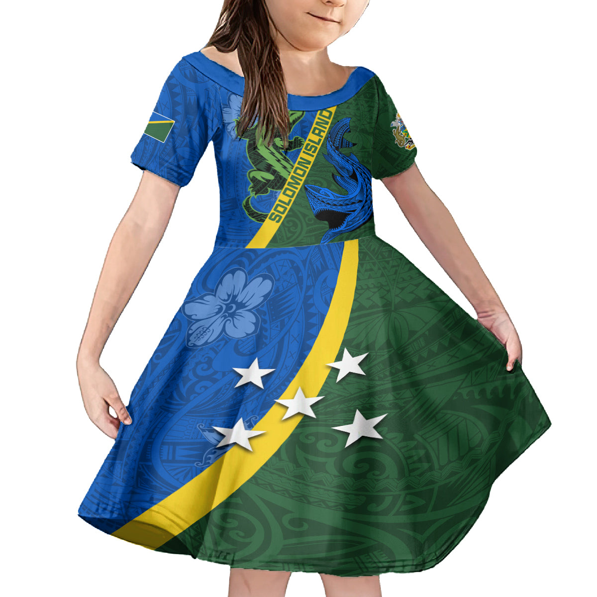 Solomon Island Crocodile and Shark Kid Short Sleeve Dress Polynesian Pattern LT03 KID Blue - Polynesian Pride