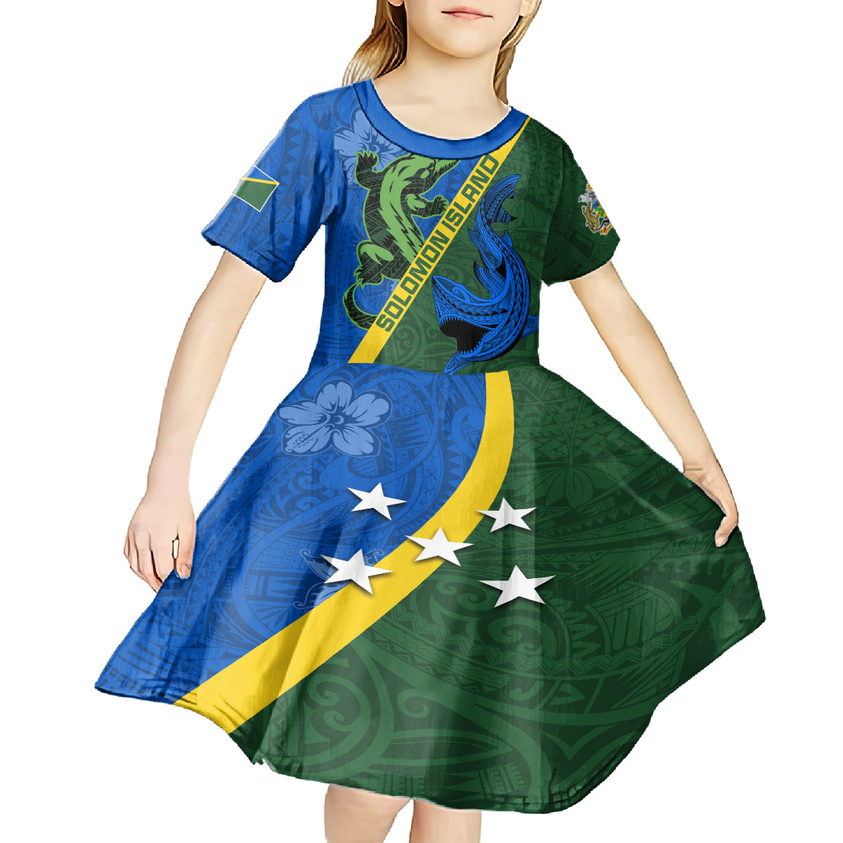 Solomon Island Crocodile and Shark Kid Short Sleeve Dress Polynesian Pattern LT03 - Polynesian Pride