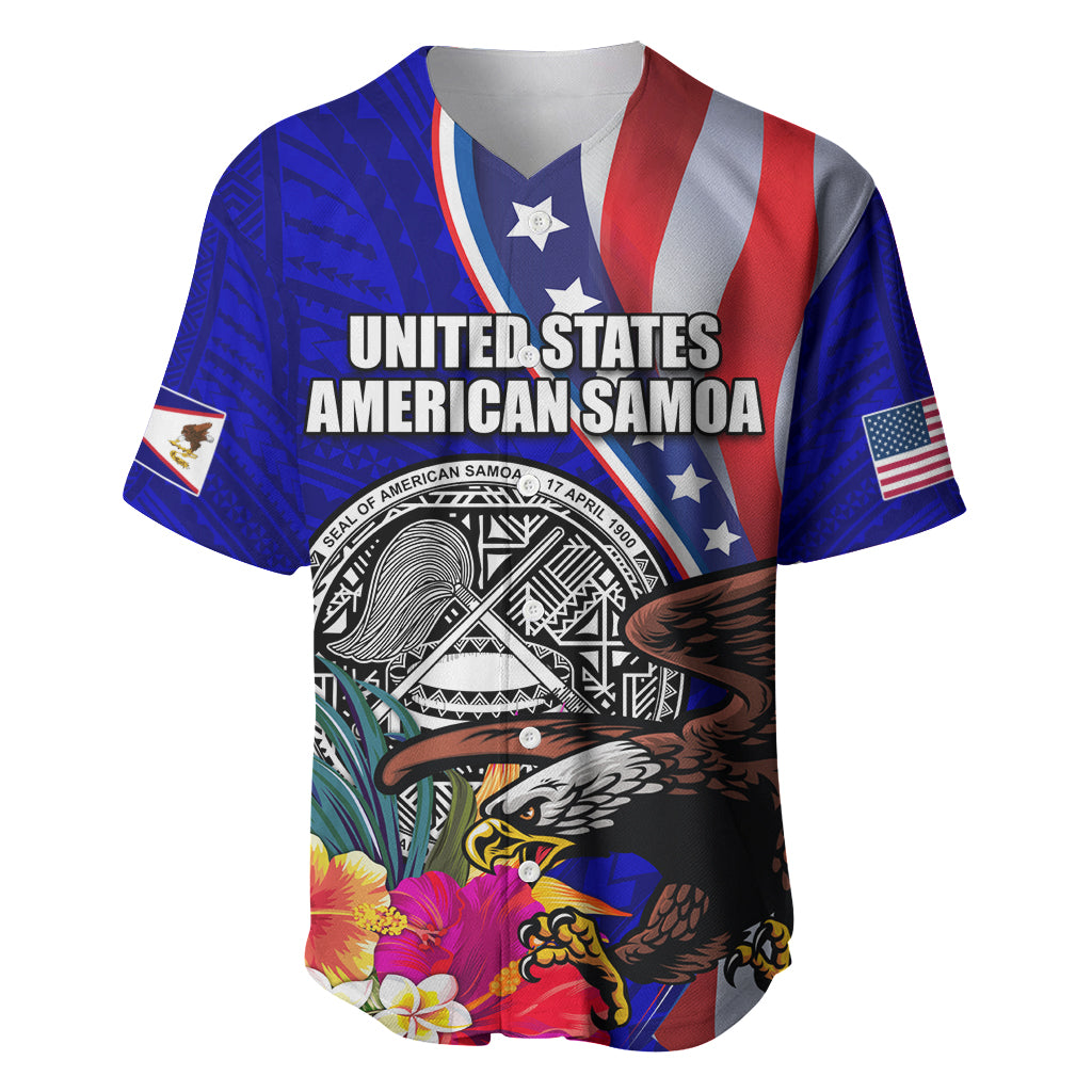 Personalised American Samoa and United States Baseball Jersey Bald Eagle and Seal Hibiscus Polynesian Pattern LT03 Blue - Polynesian Pride