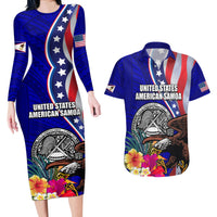 Personalised American Samoa and United States Couples Matching Long Sleeve Bodycon Dress and Hawaiian Shirt Bald Eagle and Seal Hibiscus Polynesian Pattern LT03 Blue - Polynesian Pride