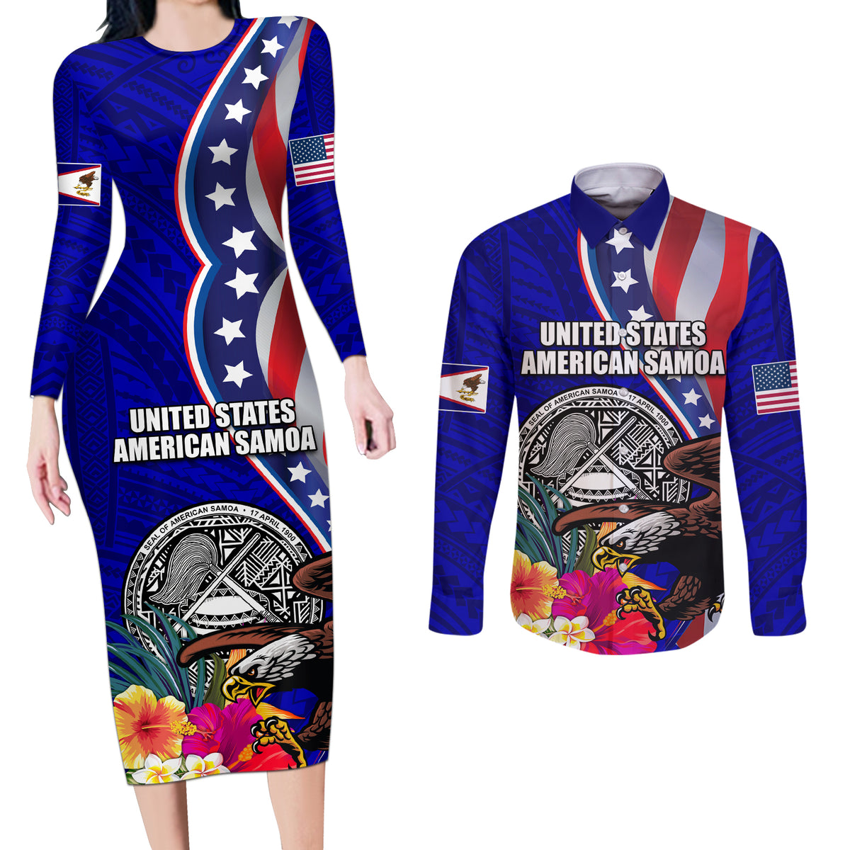 Personalised American Samoa and United States Couples Matching Long Sleeve Bodycon Dress and Long Sleeve Button Shirt Bald Eagle and Seal Hibiscus Polynesian Pattern LT03 Blue - Polynesian Pride