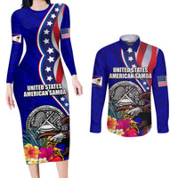 Personalised American Samoa and United States Couples Matching Long Sleeve Bodycon Dress and Long Sleeve Button Shirt Bald Eagle and Seal Hibiscus Polynesian Pattern LT03 Blue - Polynesian Pride