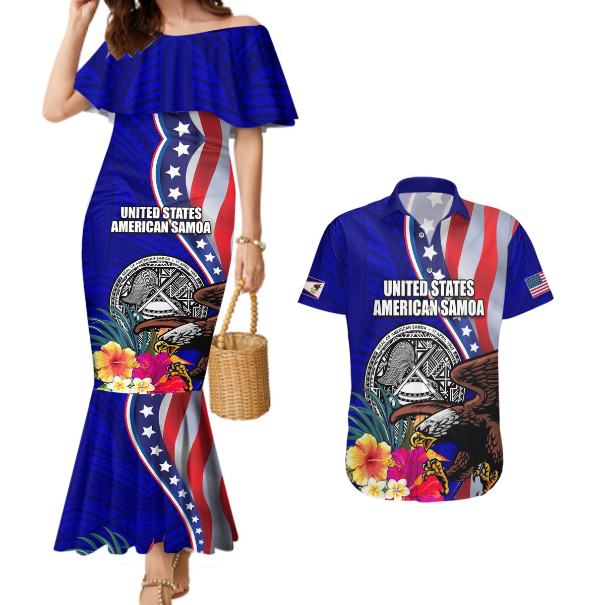 Personalised American Samoa and United States Couples Matching Mermaid Dress and Hawaiian Shirt Bald Eagle and Seal Hibiscus Polynesian Pattern LT03 Blue - Polynesian Pride