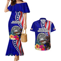 Personalised American Samoa and United States Couples Matching Mermaid Dress and Hawaiian Shirt Bald Eagle and Seal Hibiscus Polynesian Pattern LT03 Blue - Polynesian Pride