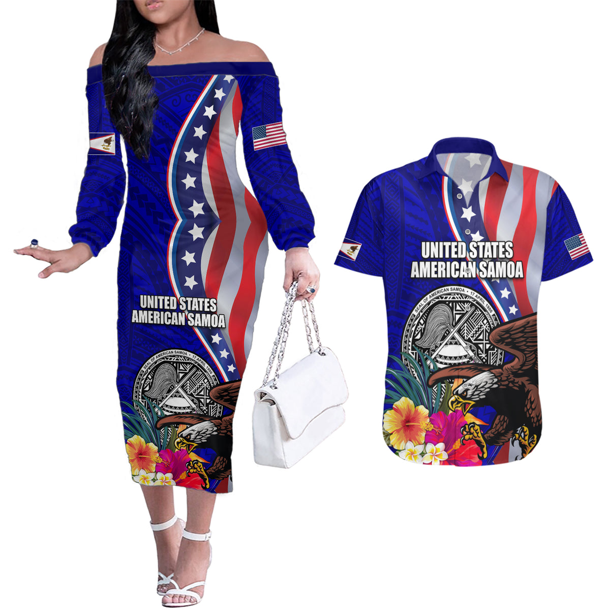 Personalised American Samoa and United States Couples Matching Off The Shoulder Long Sleeve Dress and Hawaiian Shirt Bald Eagle and Seal Hibiscus Polynesian Pattern LT03 Blue - Polynesian Pride