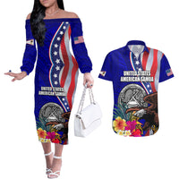 Personalised American Samoa and United States Couples Matching Off The Shoulder Long Sleeve Dress and Hawaiian Shirt Bald Eagle and Seal Hibiscus Polynesian Pattern LT03 Blue - Polynesian Pride