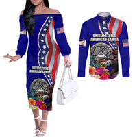 Personalised American Samoa and United States Couples Matching Off The Shoulder Long Sleeve Dress and Long Sleeve Button Shirt Bald Eagle and Seal Hibiscus Polynesian Pattern LT03 Blue - Polynesian Pride
