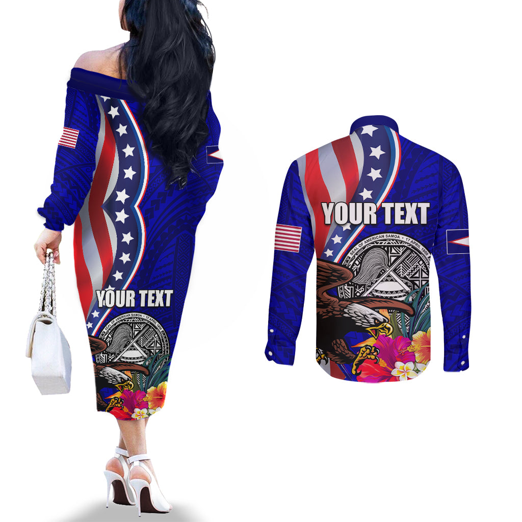 Personalised American Samoa and United States Couples Matching Off The Shoulder Long Sleeve Dress and Long Sleeve Button Shirt Bald Eagle and Seal Hibiscus Polynesian Pattern LT03 - Polynesian Pride