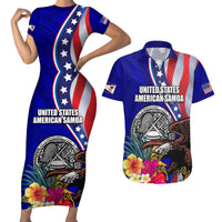 Personalised American Samoa and United States Couples Matching Short Sleeve Bodycon Dress and Hawaiian Shirt Bald Eagle and Seal Hibiscus Polynesian Pattern LT03 Blue - Polynesian Pride