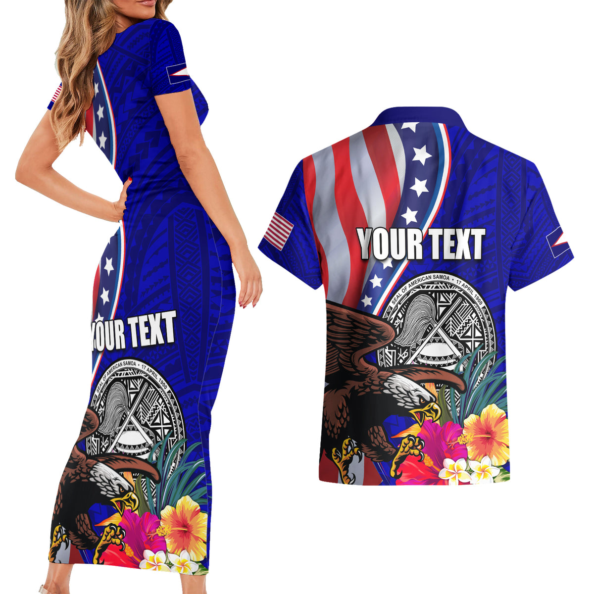 Personalised American Samoa and United States Couples Matching Short Sleeve Bodycon Dress and Hawaiian Shirt Bald Eagle and Seal Hibiscus Polynesian Pattern LT03 - Polynesian Pride