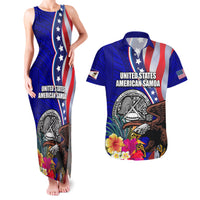 Personalised American Samoa and United States Couples Matching Tank Maxi Dress and Hawaiian Shirt Bald Eagle and Seal Hibiscus Polynesian Pattern LT03 Blue - Polynesian Pride
