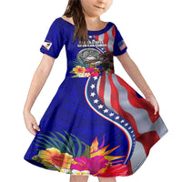 Personalised American Samoa and United States Family Matching Mermaid Dress and Hawaiian Shirt Bald Eagle and Seal Hibiscus Polynesian Pattern LT03 Daughter's Dress Blue - Polynesian Pride