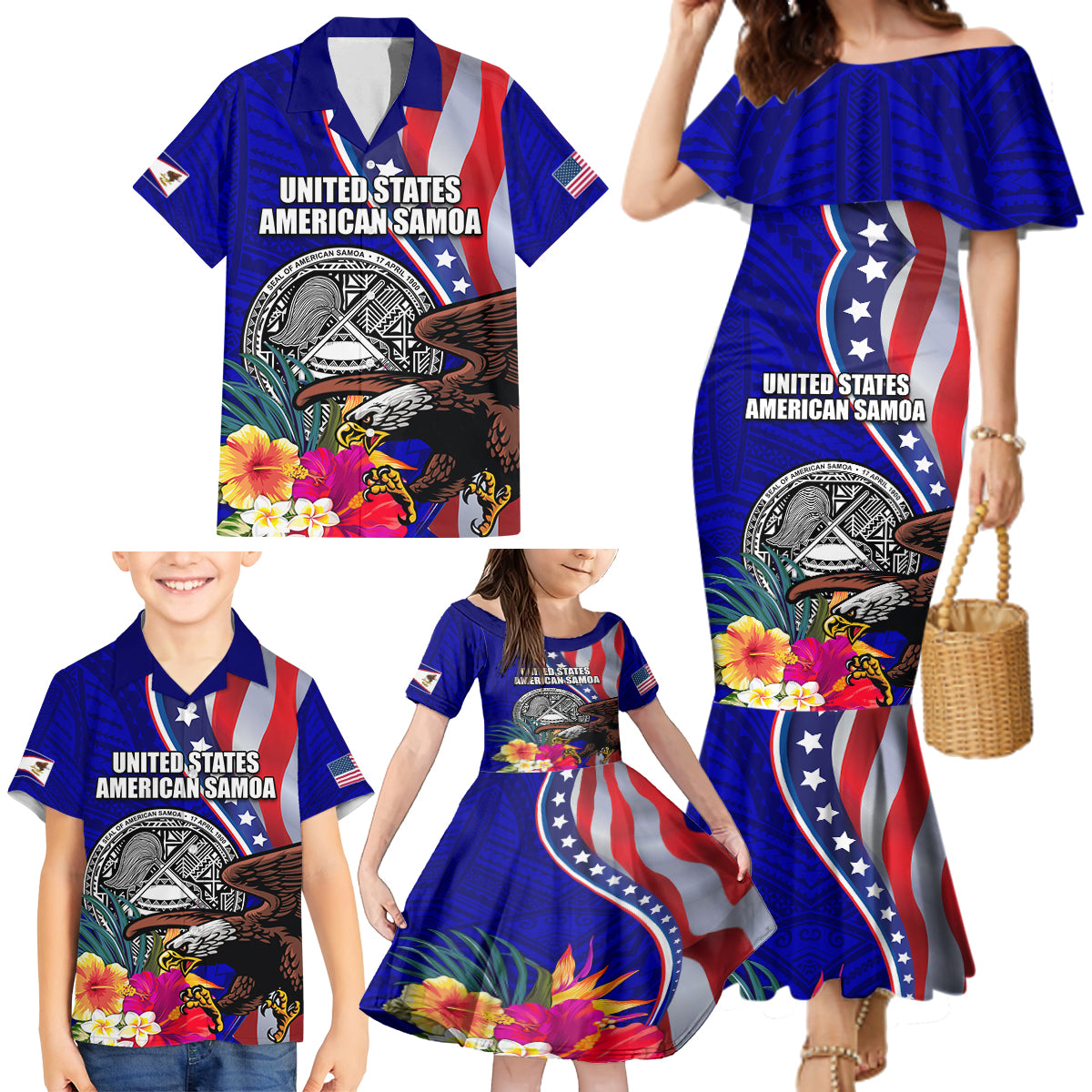 Personalised American Samoa and United States Family Matching Mermaid Dress and Hawaiian Shirt Bald Eagle and Seal Hibiscus Polynesian Pattern LT03 - Polynesian Pride