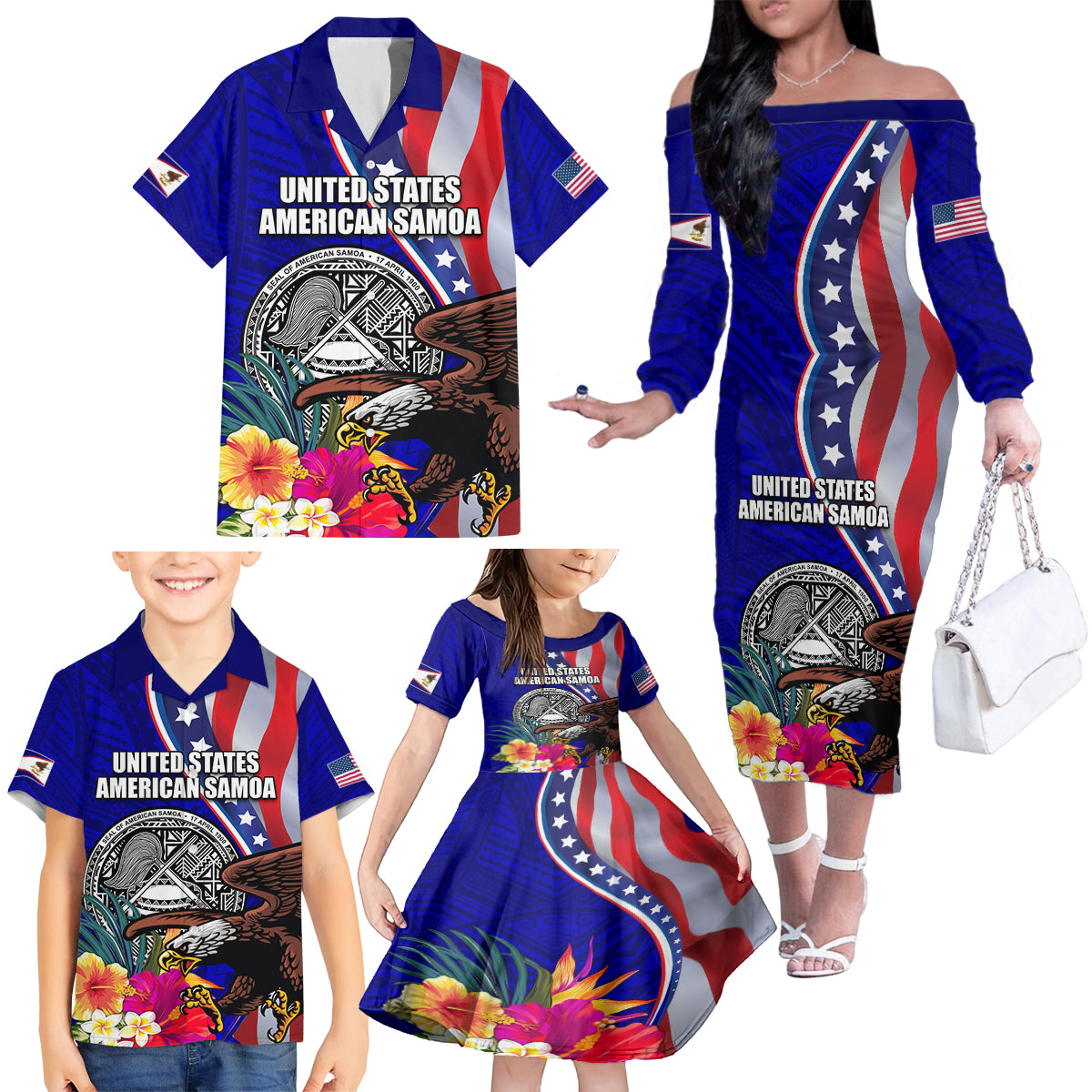 Personalised American Samoa and United States Family Matching Off The Shoulder Long Sleeve Dress and Hawaiian Shirt Bald Eagle and Seal Hibiscus Polynesian Pattern LT03 - Polynesian Pride
