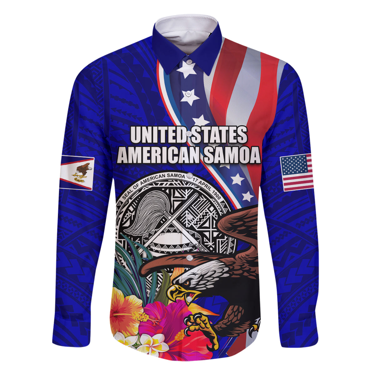 Personalised American Samoa and United States Family Matching Off The Shoulder Long Sleeve Dress and Hawaiian Shirt Bald Eagle and Seal Hibiscus Polynesian Pattern LT03 Dad's Shirt - Long Sleeve Blue - Polynesian Pride