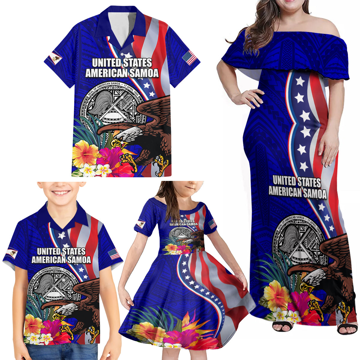 Personalised American Samoa and United States Family Matching Off Shoulder Maxi Dress and Hawaiian Shirt Bald Eagle and Seal Hibiscus Polynesian Pattern LT03 - Polynesian Pride