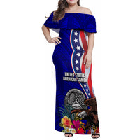 Personalised American Samoa and United States Family Matching Off Shoulder Maxi Dress and Hawaiian Shirt Bald Eagle and Seal Hibiscus Polynesian Pattern LT03 Mom's Dress Blue - Polynesian Pride