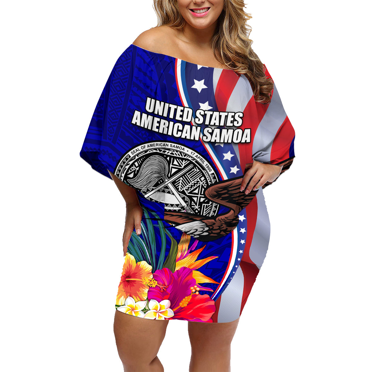 Personalised American Samoa and United States Family Matching Off Shoulder Short Dress and Hawaiian Shirt Bald Eagle and Seal Hibiscus Polynesian Pattern LT03 Mom's Dress Blue - Polynesian Pride
