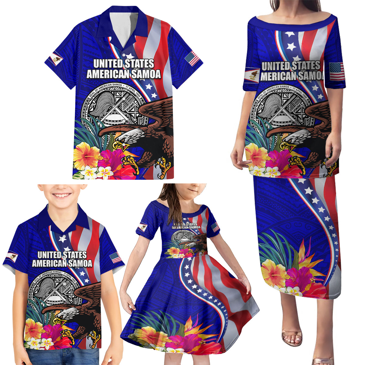 Personalised American Samoa and United States Family Matching Puletasi and Hawaiian Shirt Bald Eagle and Seal Hibiscus Polynesian Pattern LT03 - Polynesian Pride