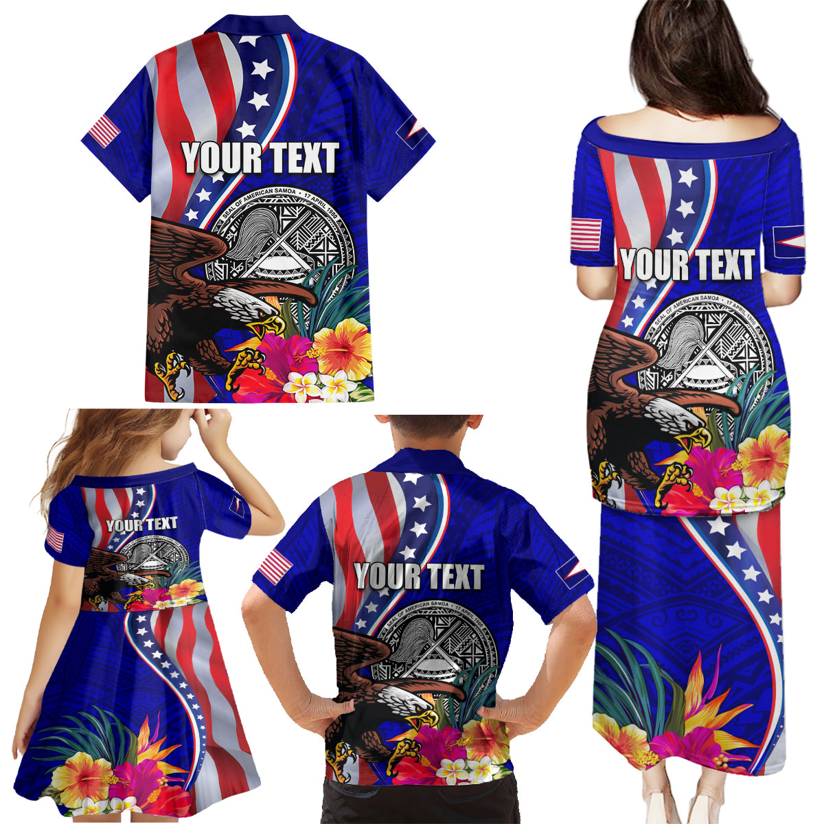 Personalised American Samoa and United States Family Matching Puletasi and Hawaiian Shirt Bald Eagle and Seal Hibiscus Polynesian Pattern LT03 - Polynesian Pride