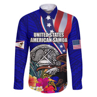 Personalised American Samoa and United States Family Matching Puletasi and Hawaiian Shirt Bald Eagle and Seal Hibiscus Polynesian Pattern LT03 Dad's Shirt - Long Sleeve Blue - Polynesian Pride