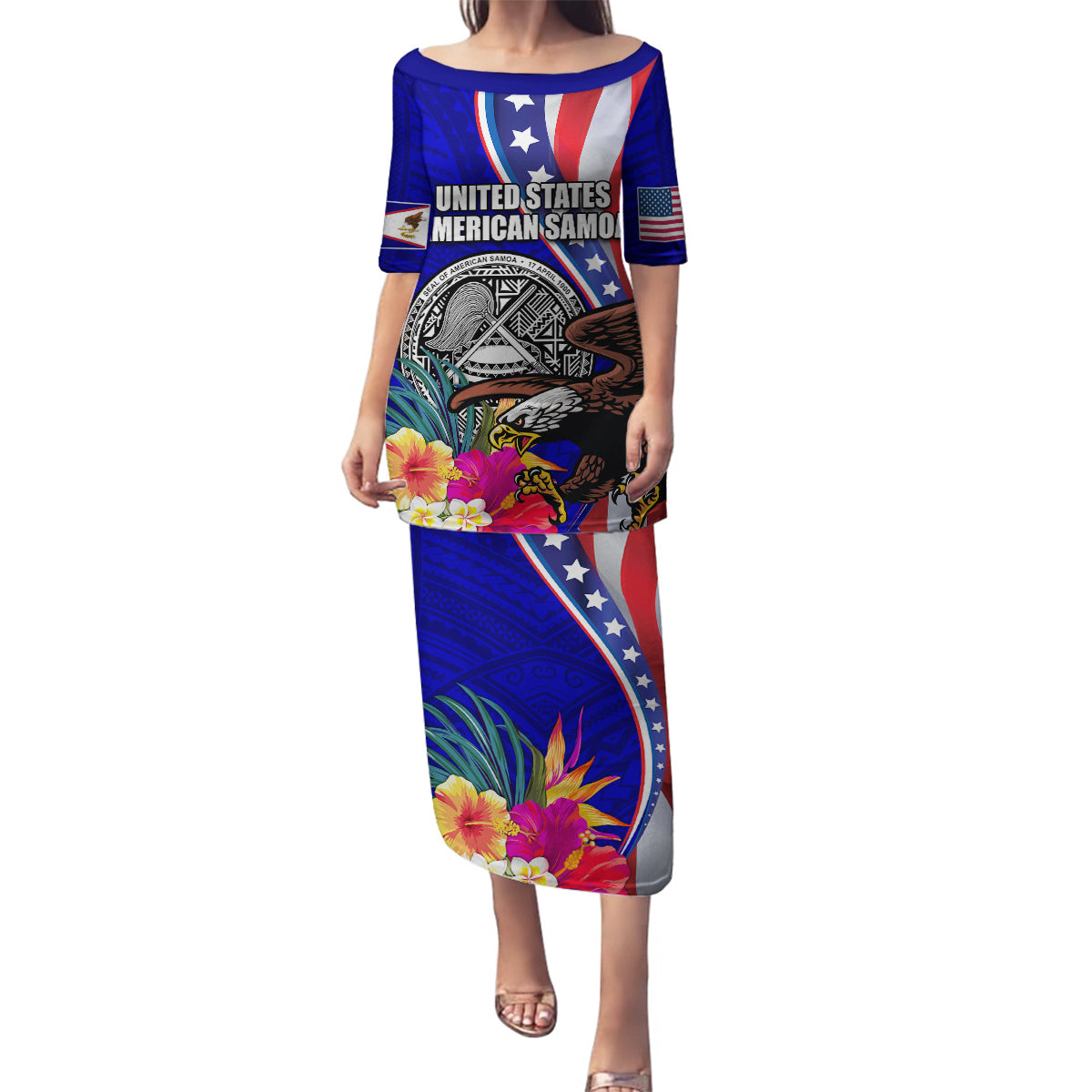 Personalised American Samoa and United States Family Matching Puletasi and Hawaiian Shirt Bald Eagle and Seal Hibiscus Polynesian Pattern LT03 Mom's Dress Blue - Polynesian Pride