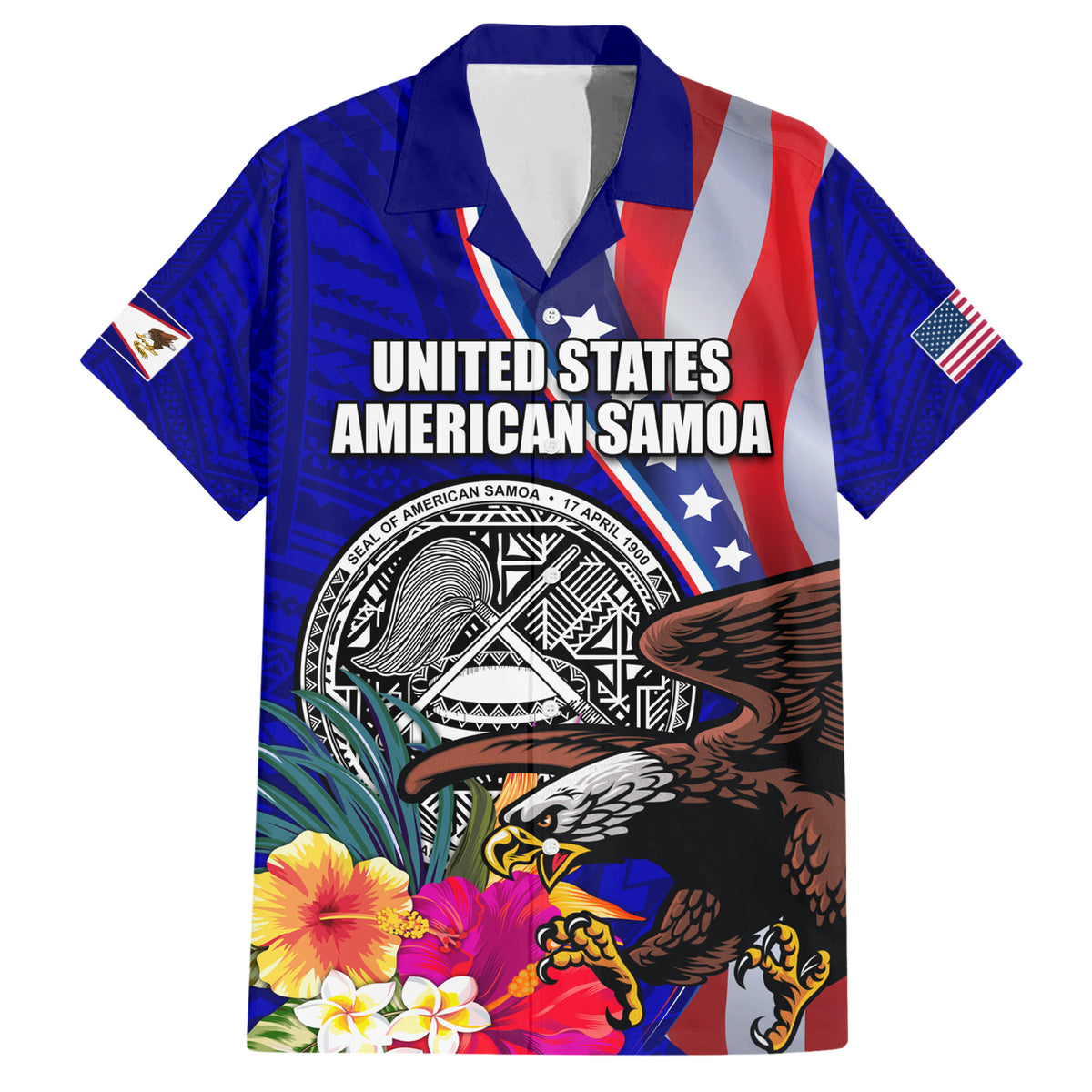 Personalised American Samoa and United States Family Matching Short Sleeve Bodycon Dress and Hawaiian Shirt Bald Eagle and Seal Hibiscus Polynesian Pattern LT03 Dad's Shirt - Short Sleeve Blue - Polynesian Pride