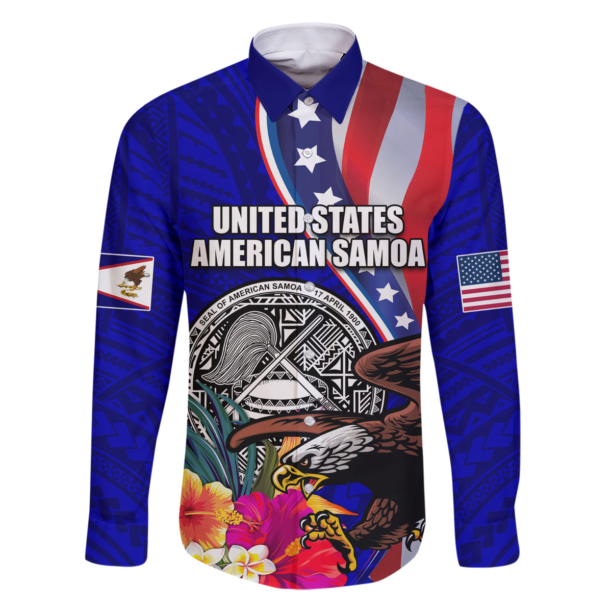 Personalised American Samoa and United States Family Matching Short Sleeve Bodycon Dress and Hawaiian Shirt Bald Eagle and Seal Hibiscus Polynesian Pattern LT03 Dad's Shirt - Long Sleeve Blue - Polynesian Pride