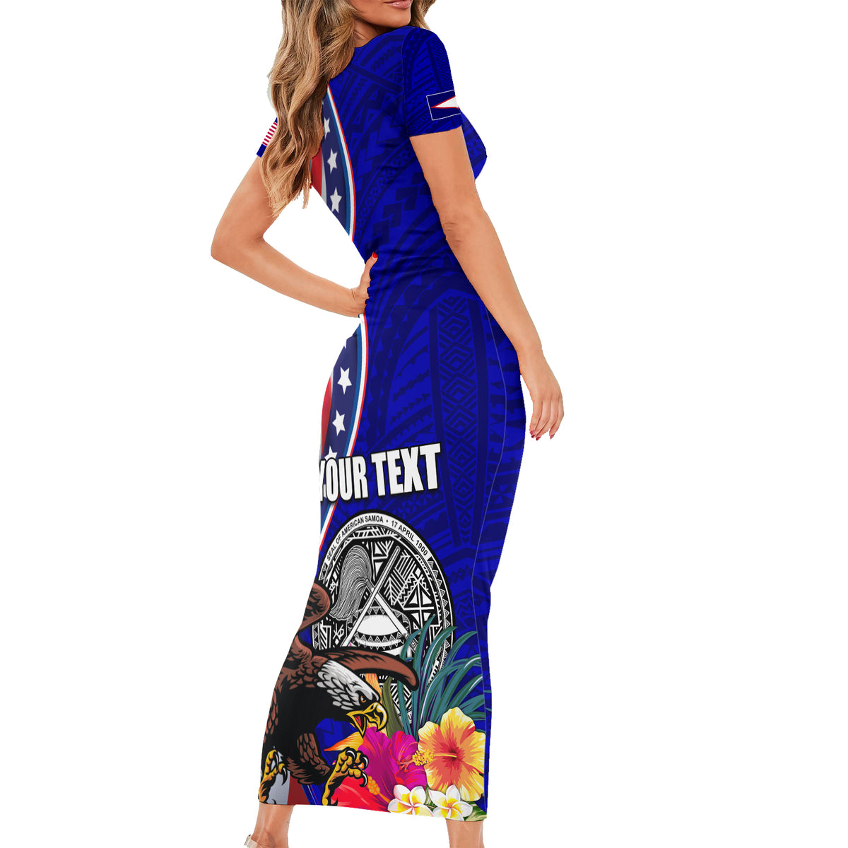 Personalised American Samoa and United States Family Matching Short Sleeve Bodycon Dress and Hawaiian Shirt Bald Eagle and Seal Hibiscus Polynesian Pattern LT03 - Polynesian Pride