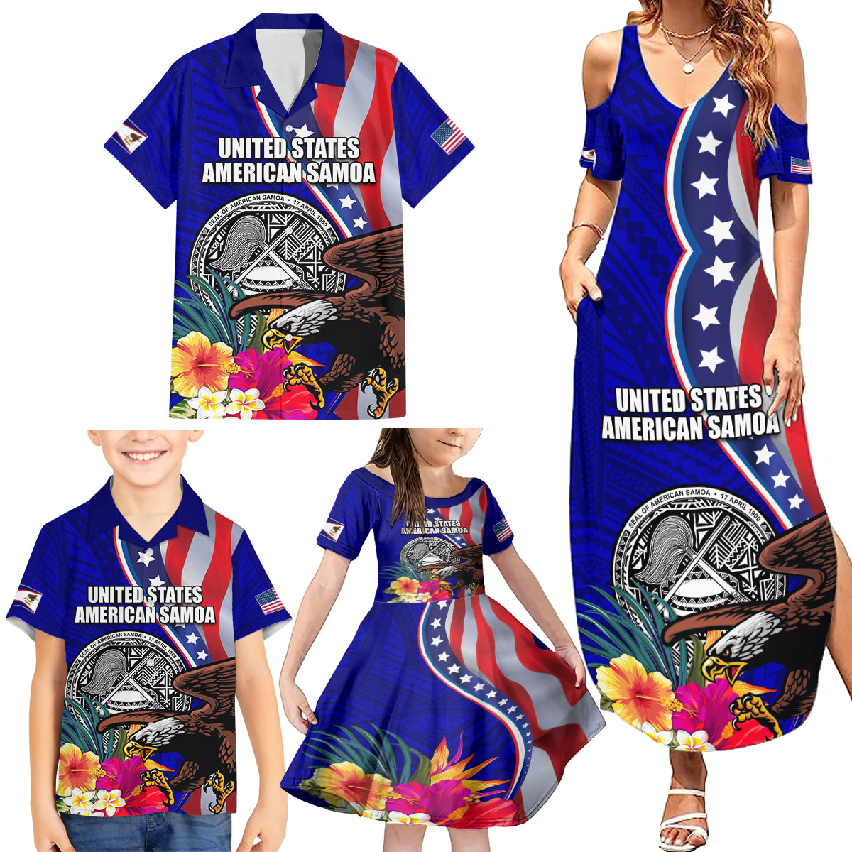 Personalised American Samoa and United States Family Matching Summer Maxi Dress and Hawaiian Shirt Bald Eagle and Seal Hibiscus Polynesian Pattern LT03 - Polynesian Pride