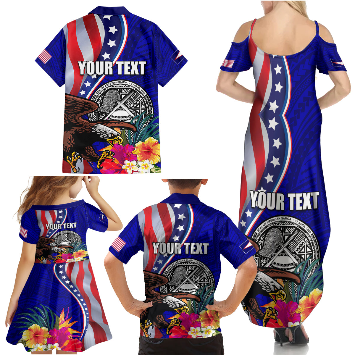Personalised American Samoa and United States Family Matching Summer Maxi Dress and Hawaiian Shirt Bald Eagle and Seal Hibiscus Polynesian Pattern LT03 - Polynesian Pride