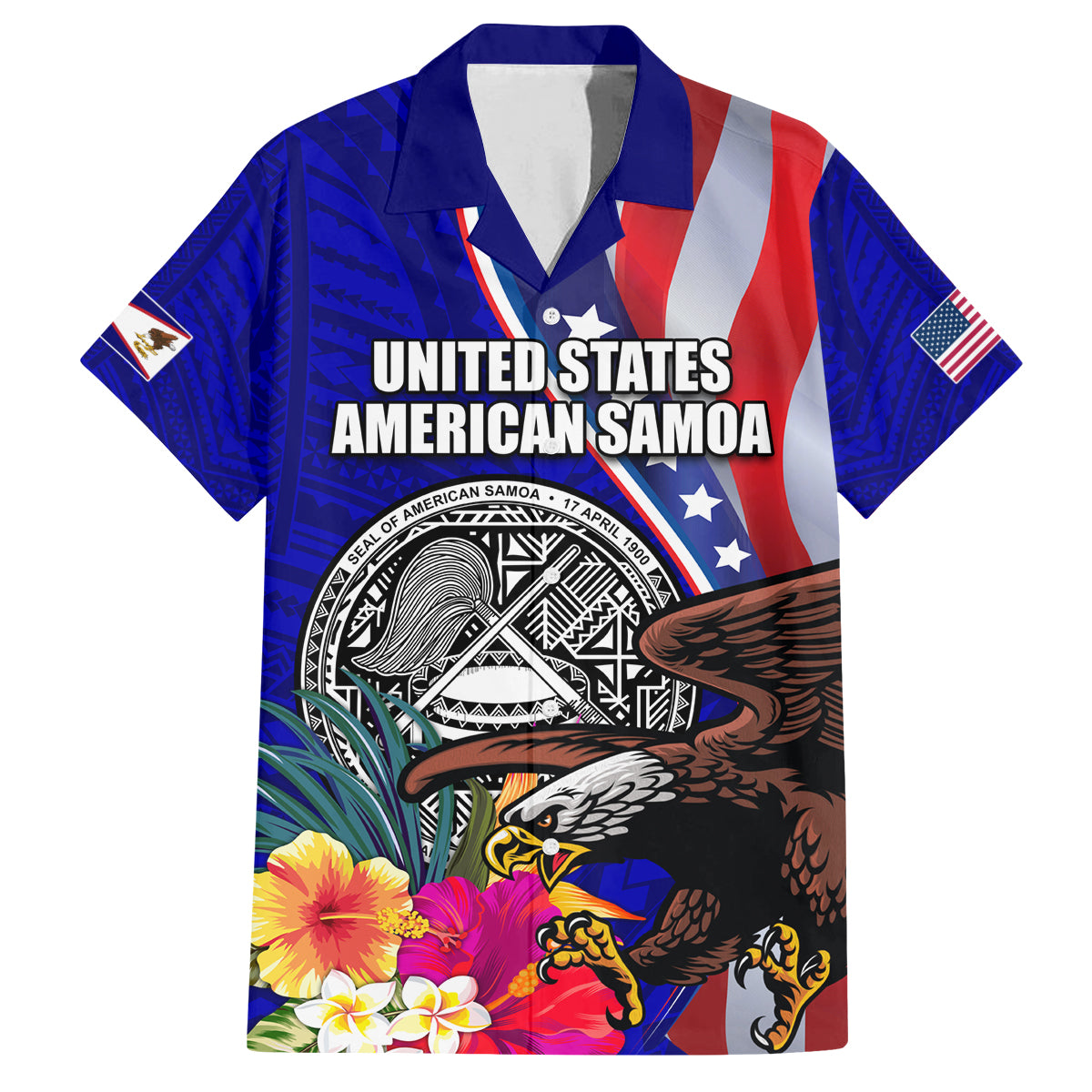 Personalised American Samoa and United States Family Matching Summer Maxi Dress and Hawaiian Shirt Bald Eagle and Seal Hibiscus Polynesian Pattern LT03 Dad's Shirt - Short Sleeve Blue - Polynesian Pride