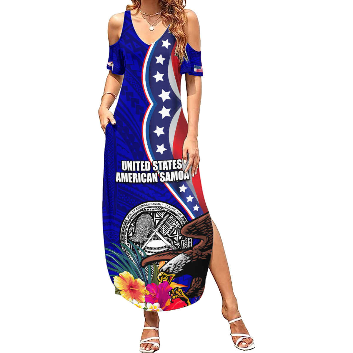 Personalised American Samoa and United States Family Matching Summer Maxi Dress and Hawaiian Shirt Bald Eagle and Seal Hibiscus Polynesian Pattern LT03 Mom's Dress Blue - Polynesian Pride