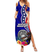 Personalised American Samoa and United States Family Matching Summer Maxi Dress and Hawaiian Shirt Bald Eagle and Seal Hibiscus Polynesian Pattern LT03 Mom's Dress Blue - Polynesian Pride