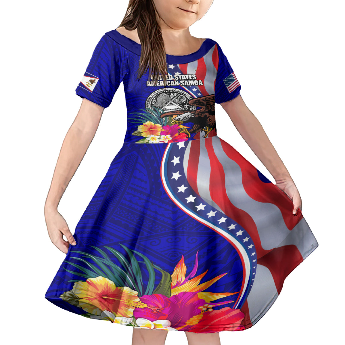 Personalised American Samoa and United States Family Matching Tank Maxi Dress and Hawaiian Shirt Bald Eagle and Seal Hibiscus Polynesian Pattern LT03 Daughter's Dress Blue - Polynesian Pride