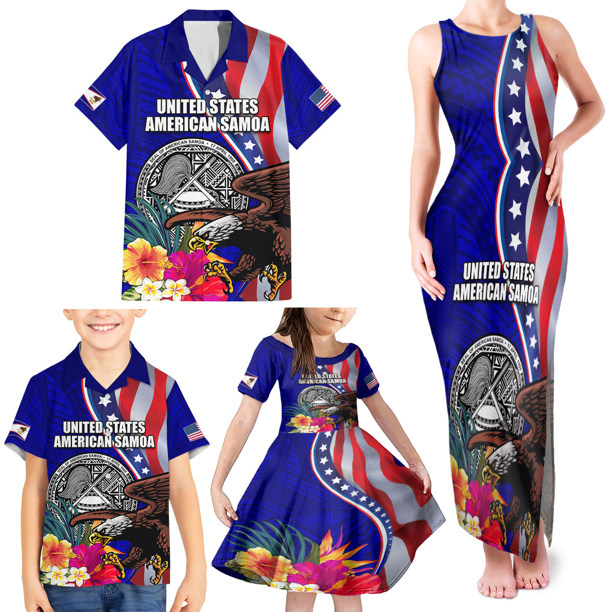 Personalised American Samoa and United States Family Matching Tank Maxi Dress and Hawaiian Shirt Bald Eagle and Seal Hibiscus Polynesian Pattern LT03 - Polynesian Pride