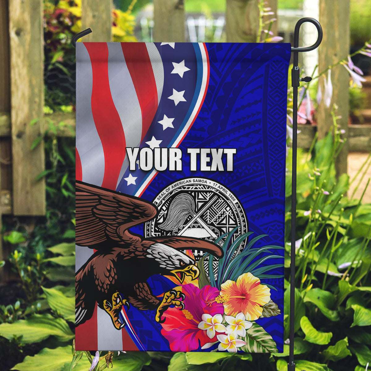 Personalised American Samoa and United States Garden Flag Bald Eagle and Seal Hibiscus Polynesian Pattern LT03 Garden Flag Blue - Polynesian Pride