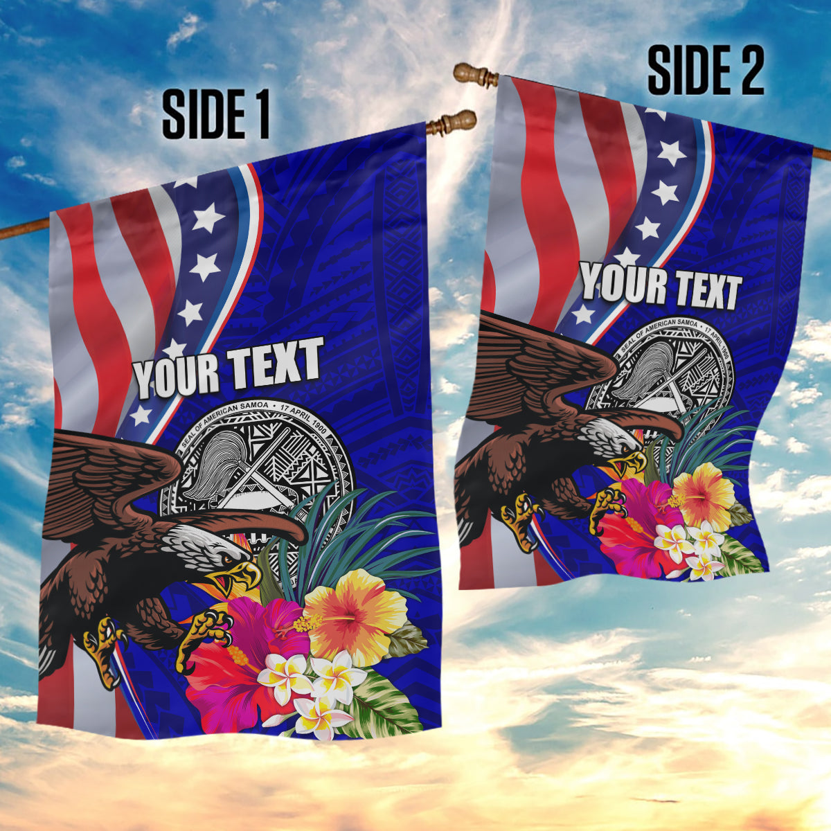 Personalised American Samoa and United States Garden Flag Bald Eagle and Seal Hibiscus Polynesian Pattern LT03 - Polynesian Pride