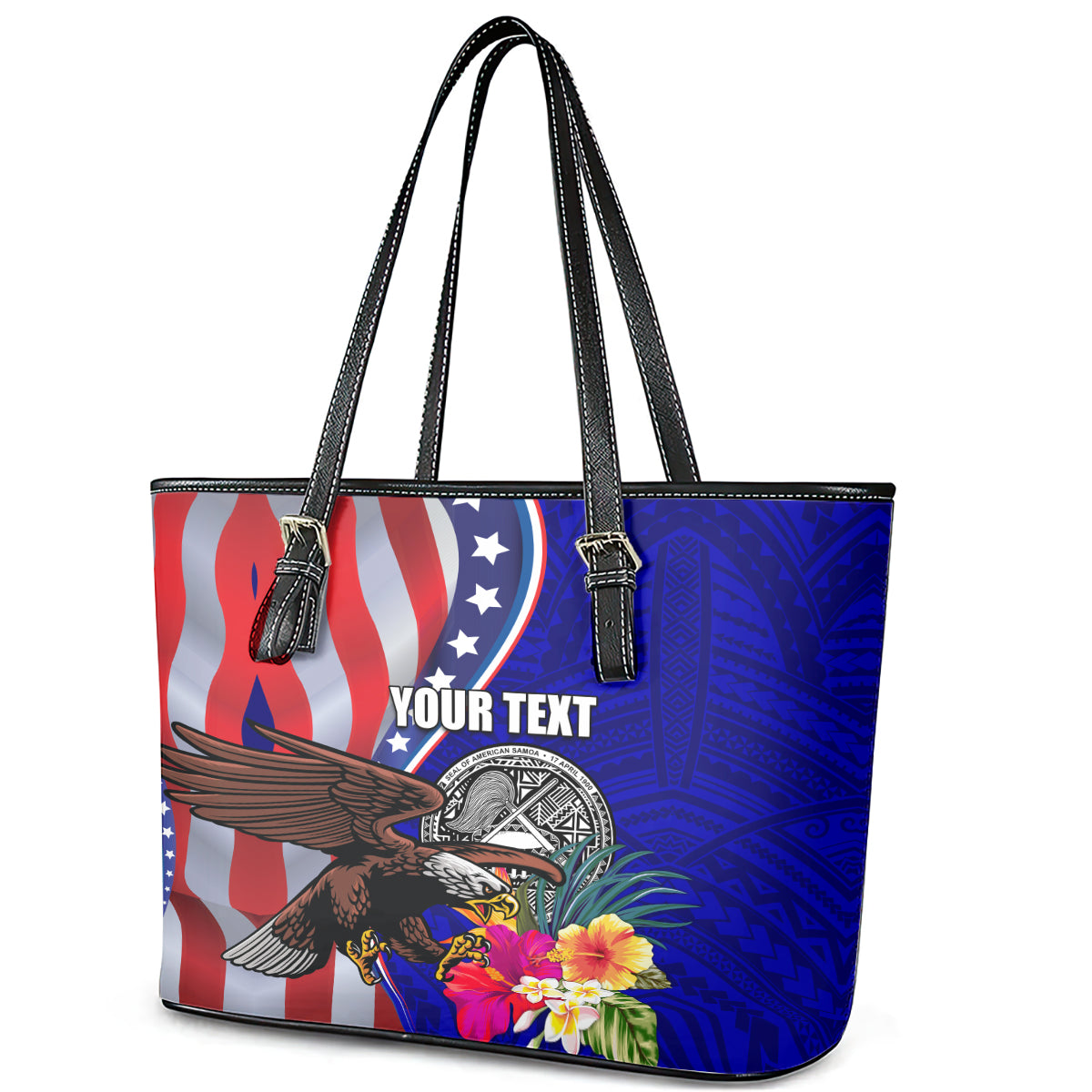 Personalised American Samoa and United States Leather Tote Bag Bald Eagle and Seal Hibiscus Polynesian Pattern