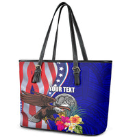 Personalised American Samoa and United States Leather Tote Bag Bald Eagle and Seal Hibiscus Polynesian Pattern